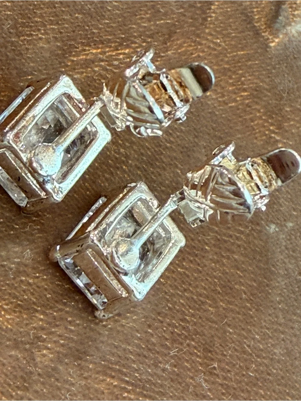 Vintage Clear Crystal Square Drop Clip On Earrings Silver Tone-1068